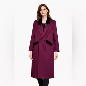 100% Wool Purple Long Coat Velvet Trim Tailored Winter Peacoat Sz 12